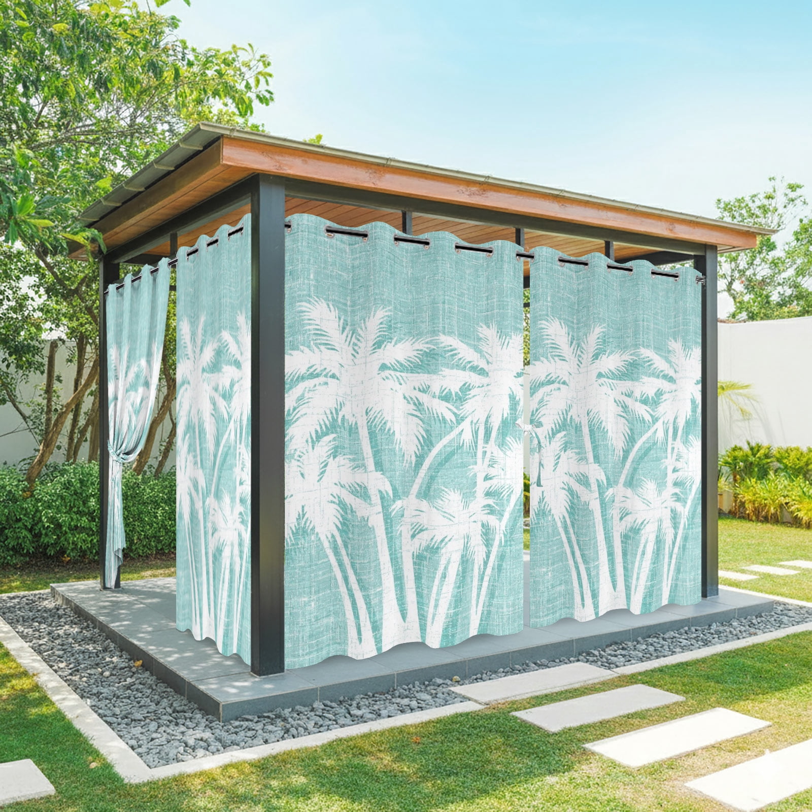 Palm Tree Outdoor Curtains for Patio, Tropical Plant Coastal Summer Mint Green Sunshade Privacy Drapes Grommet Waterproof Outside Curtains for Porch/Cabana/Balcony 54"x 108", 1 Panel