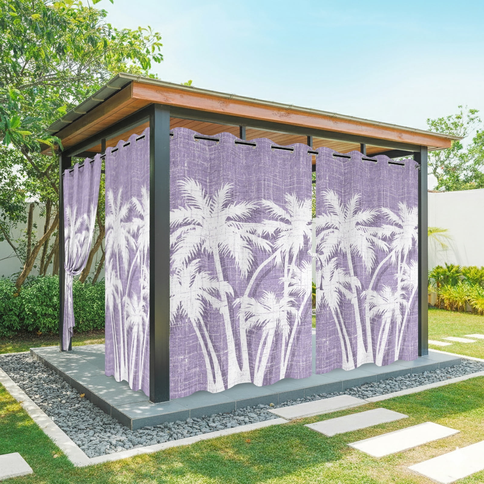 Palm Tree Outdoor Curtains for Patio, Tropical Plant Coastal Summer Purple Sunshade Privacy Drapes Grommet Waterproof Outside Curtains for Porch/Cabana/Balcony 54"x 108", 1 Panel