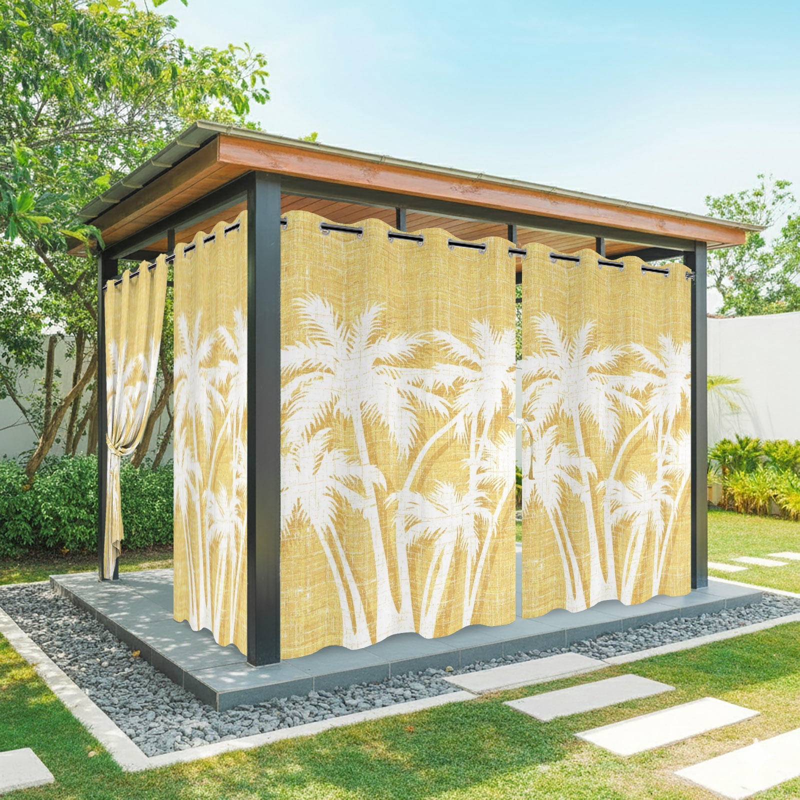Palm Tree Outdoor Curtains for Patio, Tropical Plant Coastal Summer Yellow Sunshade Privacy Drapes Grommet Waterproof Outside Curtains for Porch/Cabana/Balcony 54"x 108", 1 Panel