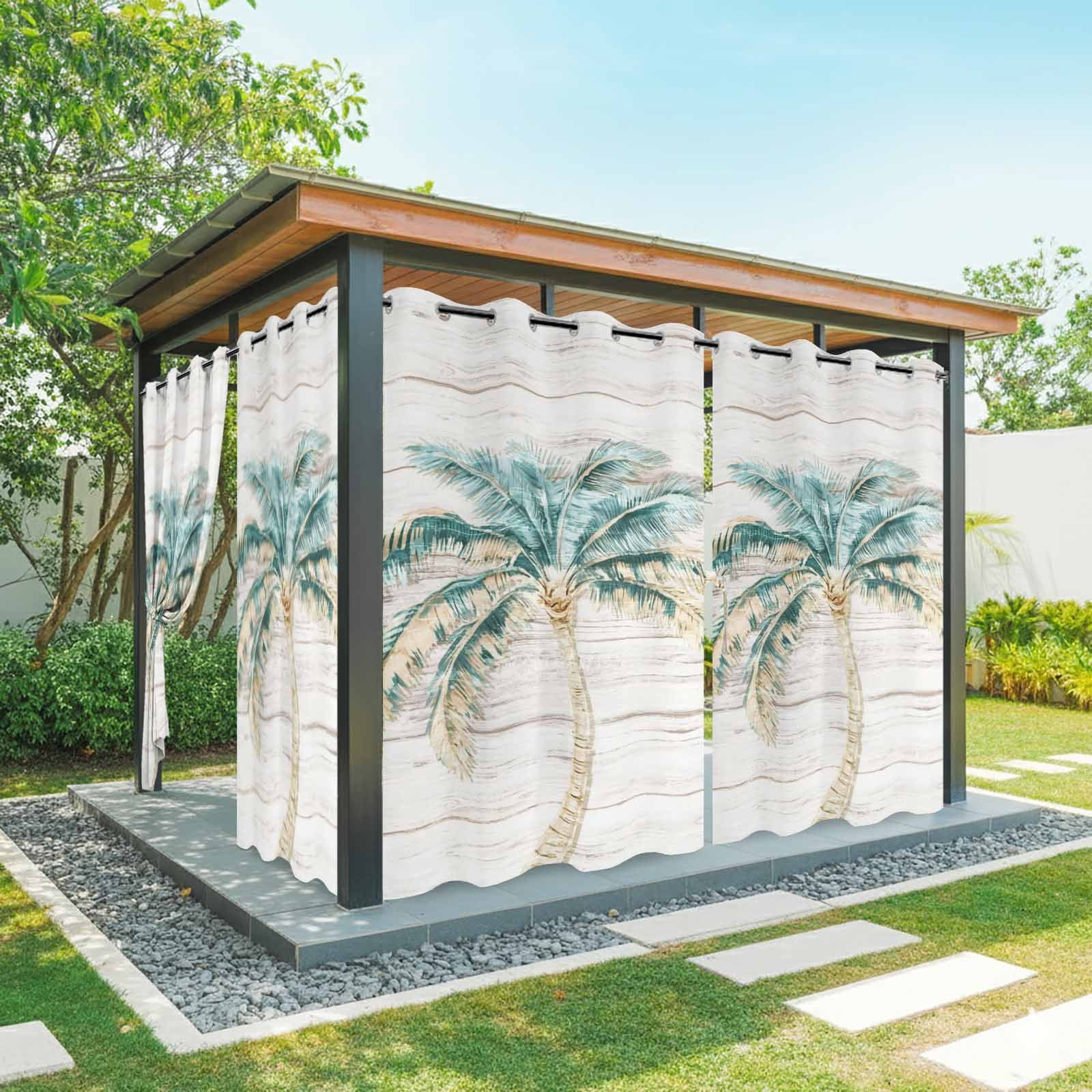 Palm Tree Outdoor Curtains for Patio, Vintage Green Tree Coastal Plant Modern Wood Striped Sunshade Privacy Drapes Grommet Waterproof Outside Curtains for Porch/Cabana/Balcony 54"x 108", 2 Panel