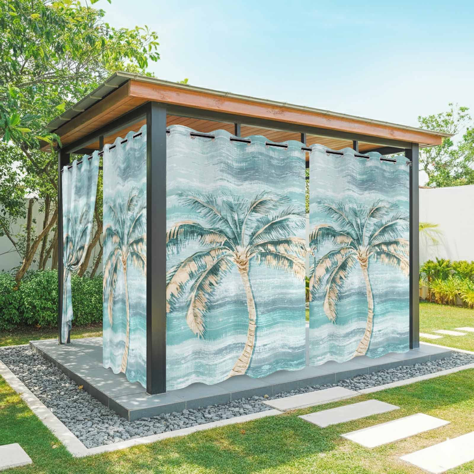 Palm Tree Outdoor Curtains for Patio, Vintage Green Tree Sunshade Privacy Drapes Grommet Waterproof Outside Curtains for Porch/Cabana/Balcony 54"x 108", 1 Panel