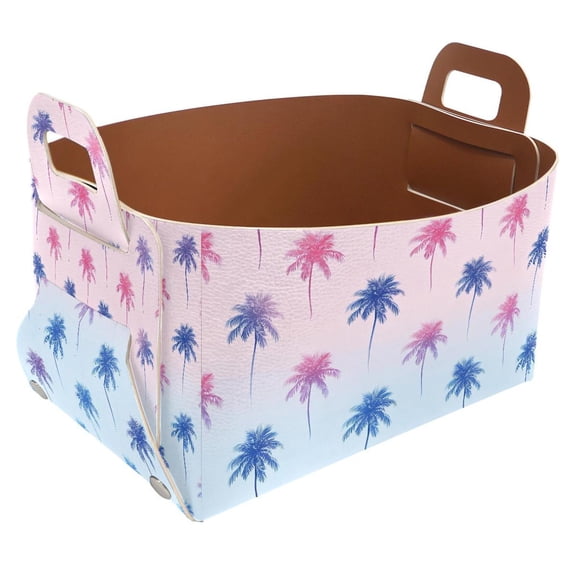 Palm Tree Pattern Storage Basket Collapsible Storage Bin, PU Foldable Basket Convenient Box Storage Organizer with Handles for Shelves Office Bedroom Closet Nursery Toys Laundry