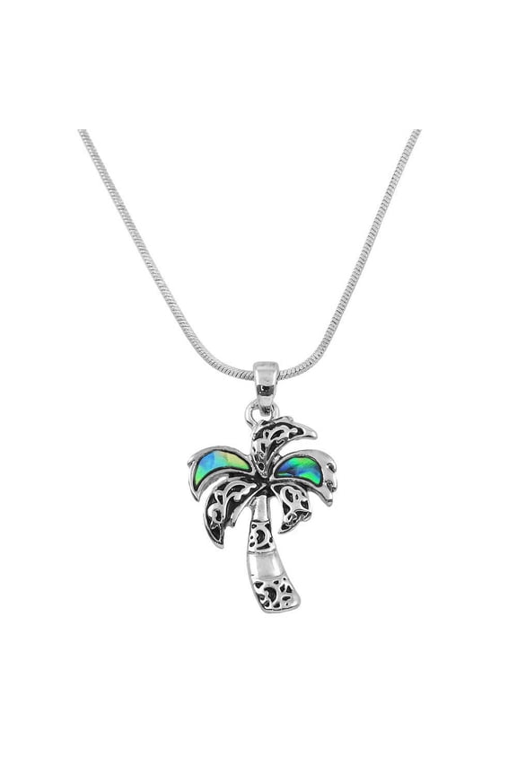 Palm Tree Pendant Necklace Abalone Shell Rhodium Plated 17 Inch Snake Chain J0180
