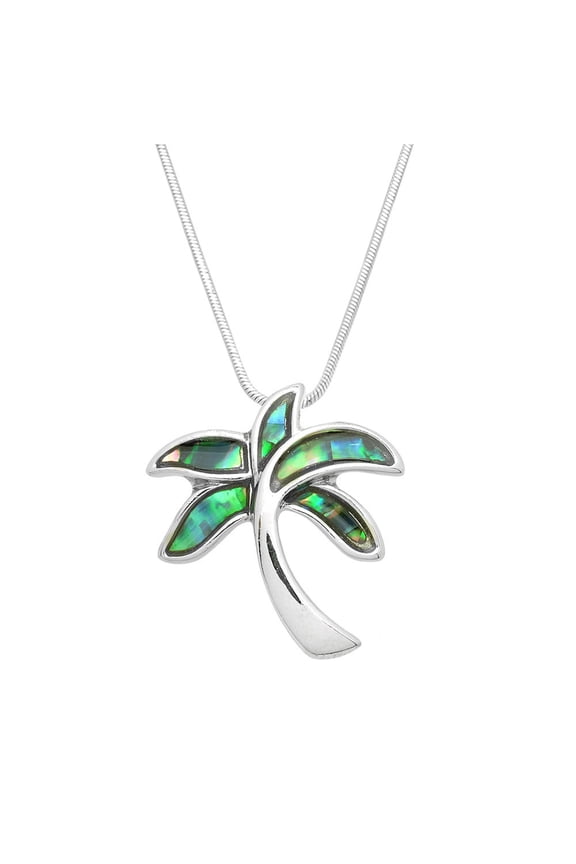 Palm Tree Pendant Necklace Earring Abalone Shell Rhodium Plated 17 Inch Snake Chain J0699