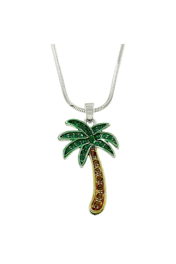 Palm Tree Pendant Necklace Green Rhinestone Crystal Rhodium Plated 17 Inch Snake Chain J0304-GRN
