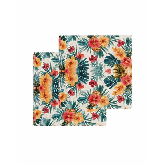 Palm Tree Pineapple Kitchen Dish Towels for Drying Dishes Set of 2, Red Orange Floral Summer Waffle Weave Microfiber Terry Hand Tea Bathroom Towels Quick Dry & Absorbent Towel 12x12