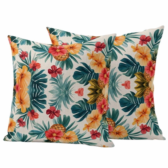Palm Tree Pineapple Outdoor Waterproof Pillow Covers, Red Orange Floral Summer Decorative Square Throw Pillowcase Sofa Cushion Sham for Patio/Couch/Chair, 18"x18" 2 Pack
