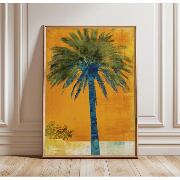 Palm Tree Poster, Mid Century Modern Tropical Wall Art Print, Mustard Yellow Coastal Decor, Minimalist Botanical Painting Style, Poster Only