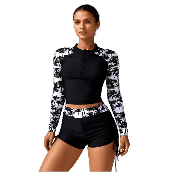 Palm Tree Print Long Sleeve Rash Guard Set with UV Protection and Shorts
