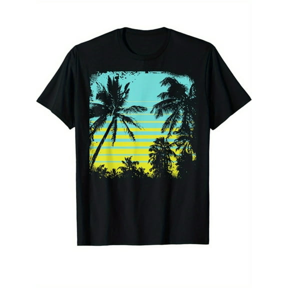 Palm Tree Printed, Men's Cotton Graphic T-shirt, Casual Short Sleeve Crew Neck Gamer T-shirt, Men's Tee For Outdoor