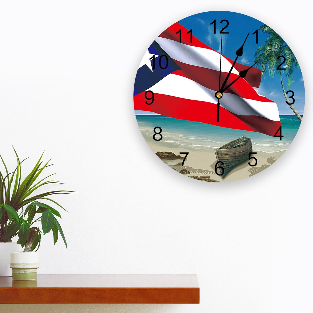 Palm Tree Puerto Rico Flag Beach Boat Living Room Clock Wall Round