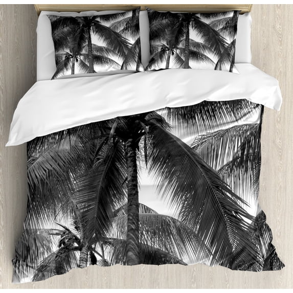Palm Tree Queen Size Duvet Cover Set, Palm Tree Silhouette Exotic Plant on Dark Theme Foliages Relaxing in Nature Image, Decorative 3 Piece Bedding Set with 2 Pillow Shams, Black, by Ambesonne