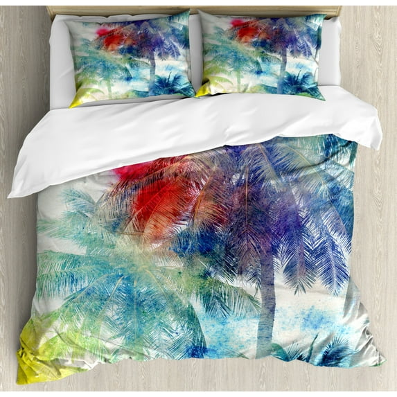 Palm Tree Queen Size Duvet Cover Set, Retro Watercolor Silhouettes of Palm Trees Stains on Tropical Paradise Theme, Decorative 3 Piece Bedding Set with 2 Pillow Shams, Multicolor, by Ambesonne