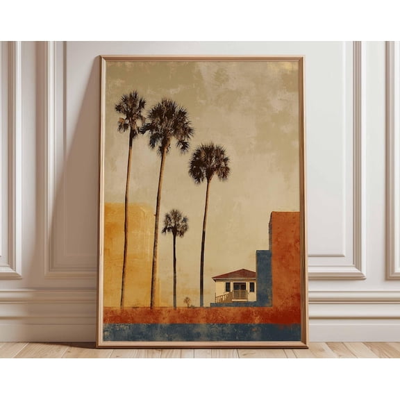 Palm Tree Retro Coastal Tropical House Wall Art Print, Unframed Paper Poster 24x36in