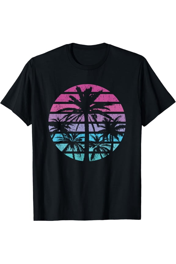 Palm Tree Retro Sunset Summer Beach Vintage Tropical Graphic T-ShirtMen and women, Black T-shirt, size: Extra large