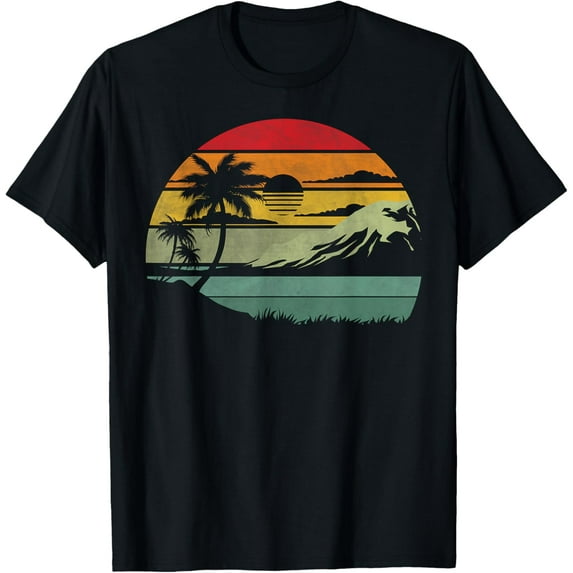 Palm Tree Retro Tropical Beach Vintage 70s 80s Style Summer T-ShirtMen's and women's gift, black and white T-shirt, size: Extra large S-4XL