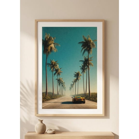 Palm Tree Road Poster, Vintage Sports Car Beach Drive