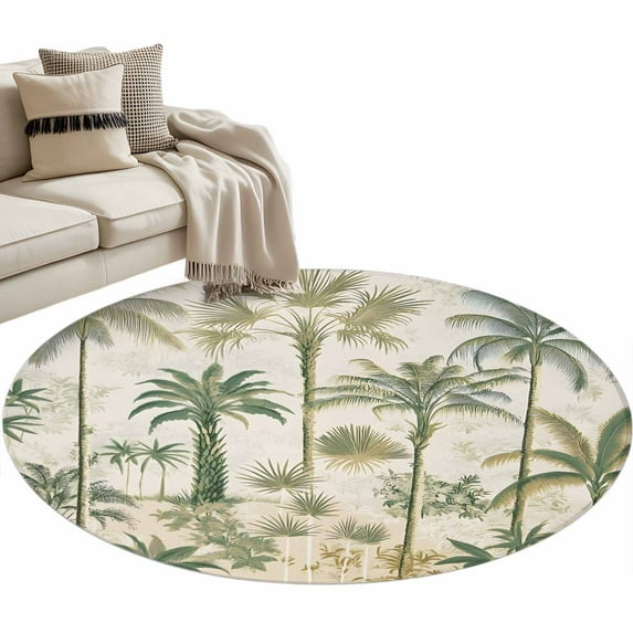 Palm Tree Round Area Rug 3 FT, Small Kitchen Bathroom Mat, Sage Green Tropical Nature Plant Watercolor Washable Indoor Outdoor Throw Runner Carpet Non-Shedding Doormat for Table Shower Sofa Entryway