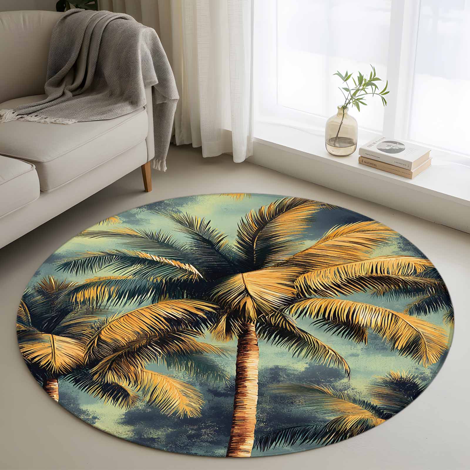 Palm Tree Round Area Rug 3 FT,Small Kitchen Bathroom Mats,Retro Summer ...