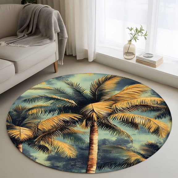Palm Tree Round Area Rug 3 FT,Small Kitchen Bathroom Mats,Retro Summer Botanical Tropical Plant Leaves Washable Indoor Outdoor Throw Runner Carpet Non-Shedding Doormat for Table Shower Sofa Entryway