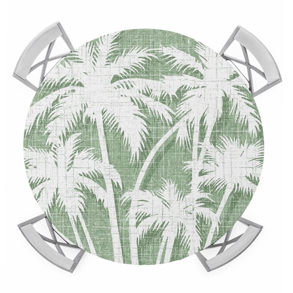 Palm Tree Round Table Cover, Tropical Plant Coastal Summer Sage Green Waterproof Fitted Tablecloths for 45"-54" Tables, Washable Picnic Table Cover for Camping Dining Indoor Outdoor