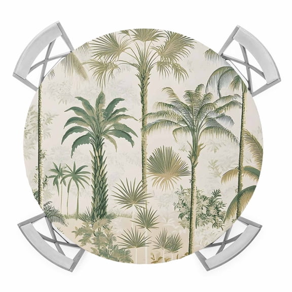 Palm Tree Round Tablecloth for 55-60 Inch Tables,Fitted Table Cover with Elastic Edge,Sage Green Tropical Nature Plant Watercolor Waterproof Outdoor Table Cloth Protector for Patio Garden Dinner