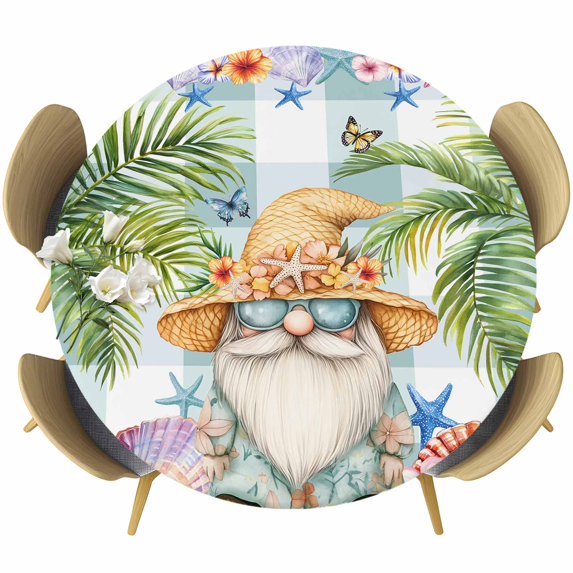 Palm Tree Round Tablecloth, Fitted Table Cover with Elastic for 55"-60" Round Tables, Butterfly Gnomes Coastal Starfish Shell Plaid Table Cloth Outdoor Indoor Dinning Party Waterproof Tablecloths