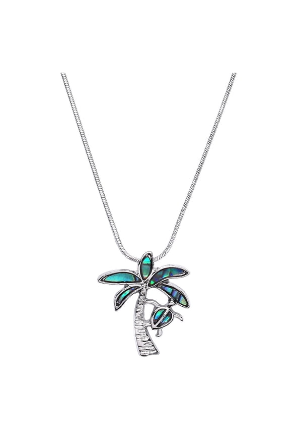 Palm Tree & Sea Turtle Pendant Necklace Abalone Shell Rhodium Plated 17 Inch Link Chain J1046