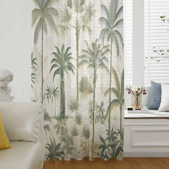 Palm Tree Semi Sheer Curtains Drapes for Living Room, Bedroom, French Doors Window 63 Inches Long, Sage Green Tropical Nature Plant Watercolor Rod Pocket Chiffon Curtain Drapery Voile Drape Panel