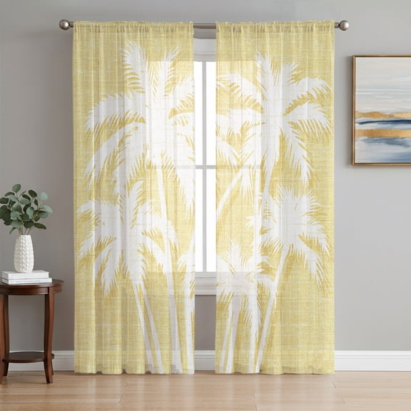 Palm Tree Sheer Curtains for Living Room Bedroom, Tropical Plant Coastal Summer Lemon Yellow Light Filtering Sheer Curtain Rod Pocket Voile Window Treaments Drapes, 52 x 84 Inches