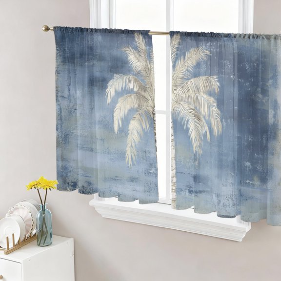 Palm Tree Sheer Curtains for Living Room Bedroom, Tropical Plant Summer Blue Abstract Light Filtering Sheer Curtain Rod Pocket Voile Window Treaments Drapes, 52 x 45 Inches
