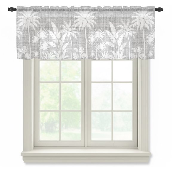 Palm Tree Sheer Valances for Windows, Coastal Tropical Monstera Leaf Fog Gray Linen Texture Semi Sheer Kitchen Valance Rod Pocket Small Voile Window Curtains for Living Room Bedroom 42 x 12 Inch