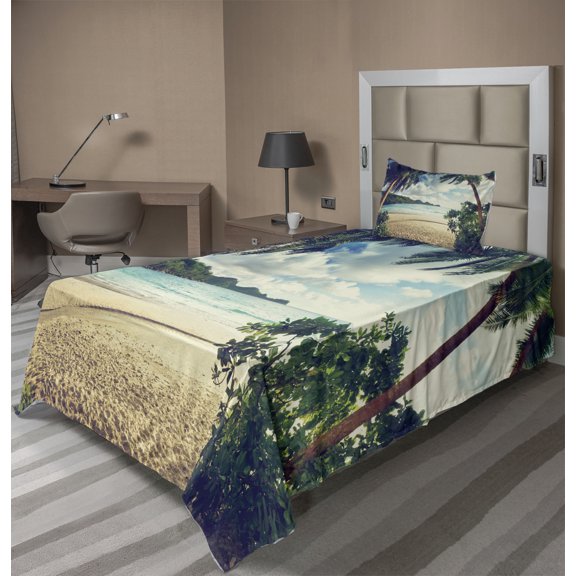 Ambesonne Beach Fitted & Top Sheet Set with Sham, Summer Vintage Tropical, Dark Green Sand Brown