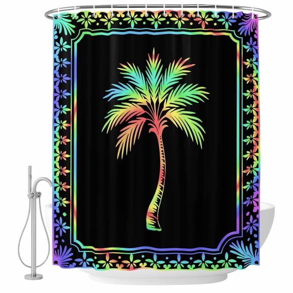 Palm Tree Shower Curtain Set with Hooks, Coastal Tropical Rainbow Palm Tree Rainbow Border Water Repellent Shower Curtains for Bathroom Decor Sturdy Shower Curtain, Machine Washable 72x84 Inch