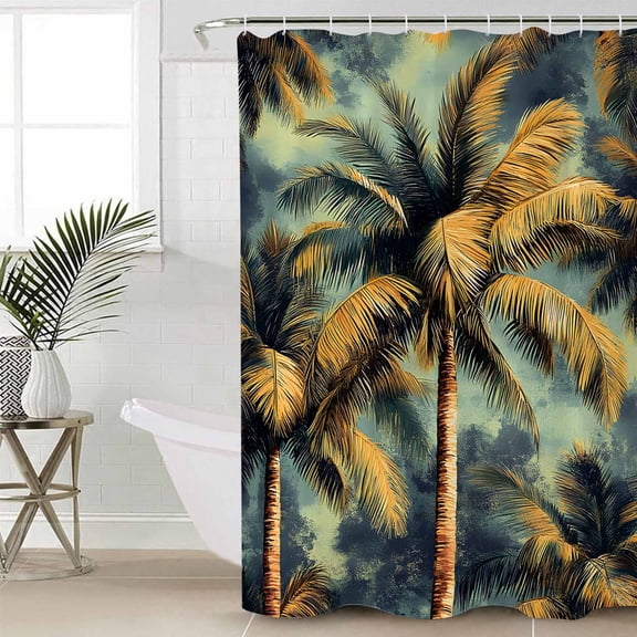 Palm Tree Shower Curtain Set, Waterproof Shower Curtains for Bathroom, Retro Summer Botanical Tropical Plant Leaves Washable Fabric Cloth Bath Curtain for Bathtub Decoration with Hooks 66x72 Inches