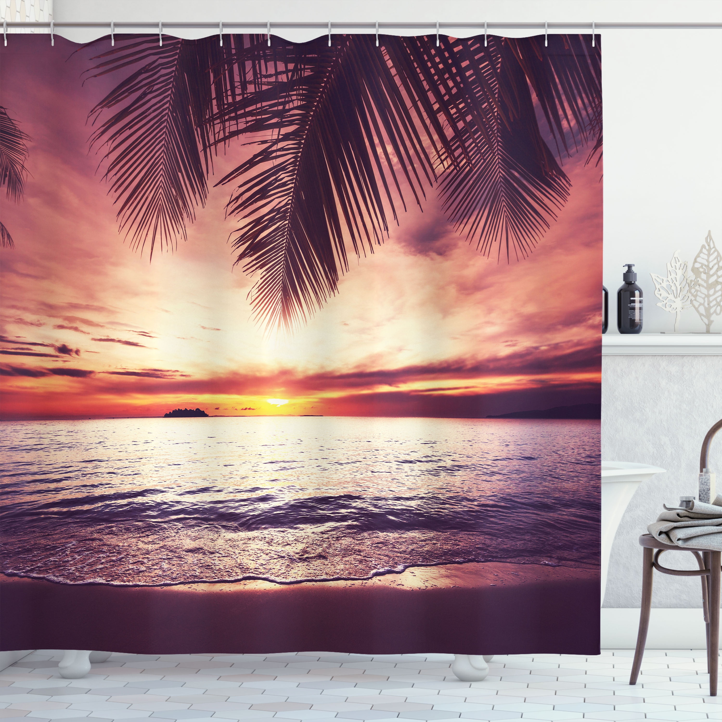 Palm Tree Shower Curtain, Tropical Beach Under Shadows at Sunset Ocean