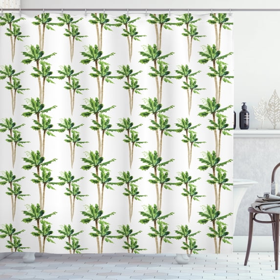 Palm Tree Shower Curtain, Watercolor Style Forest Pattern of Coconut Trees Lush Growth Ecology, Fabric Bathroom Set with Hooks, 69W X 84L Inches Extra Long, Green Cocoa and White, by Ambesonne
