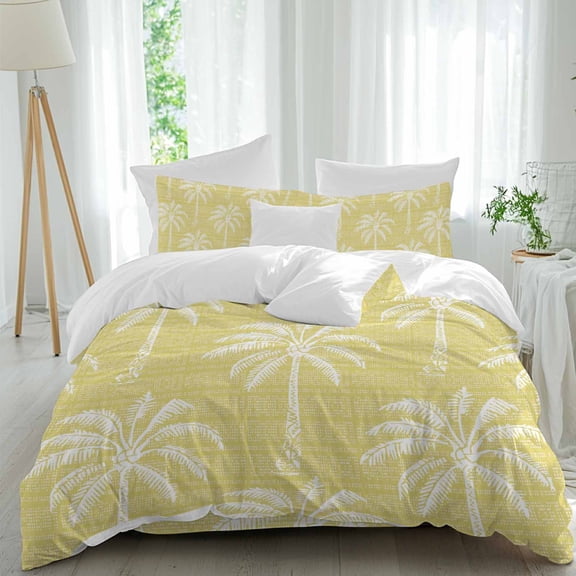 Palm Tree Silhouette Full Duvet Cover Set, Tropical Vintage Palm Tree Yellow White Pixels 4 Piece Microfiber Bedding Set with Zipper Closure, Bed Sheet and 2 Pillow Shams, Soft Bedding Cover