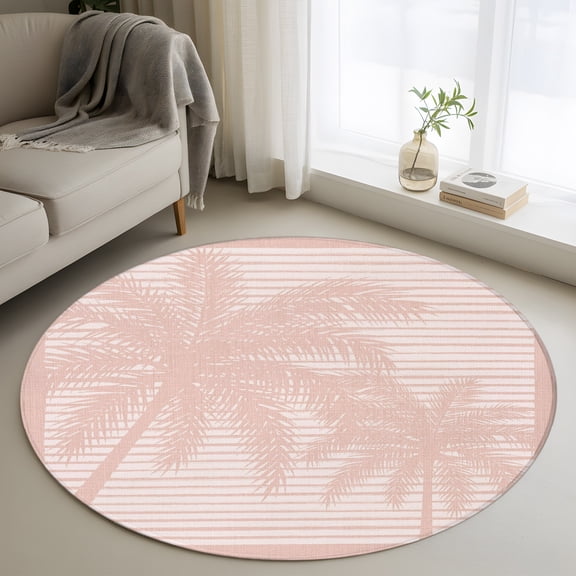 Palm Tree Silhouettes 3FT Round Area Rugs for Living Room Pink Lines Tropical Plant Summer Ultra-Thin Non-Slip Round Rugs Machine Washable Low Pile Circle Carpet for Bedroom Kitchen Nursery
