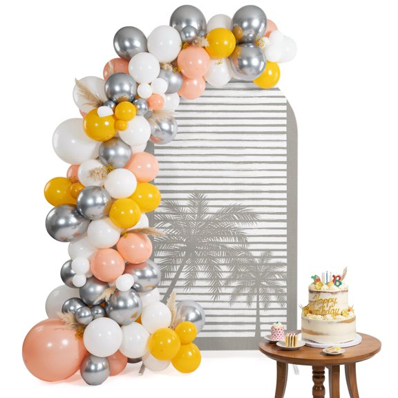 Palm Tree Silhouettes Arch Backdrop Cover 4FT Tropical Industrial Gray White Lines Spandex Fitted Arch Covers Stretchy Backdrop Decoration for Wedding Birthday Graduation Party