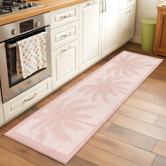 Palm Tree Silhouettes Hallway Washable Runner Rug 2x6 Pink Lines Tropical Plant Summer Low-Profile Area Rugs with Non Slip Backing Indoor Floor Carpet for Entrance Living Room Bedroom Home Office