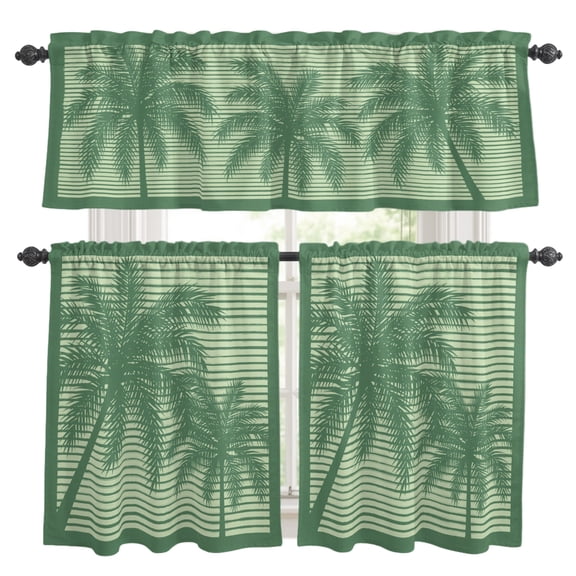 Palm Tree Silhouettes Kitchen Curtains Valances 3 Piece Set, Green Lines Tropical Plant Summer Rod Pocket Tier Curtain and Valance Drapes for Small Window 36 Inch Length for Bedroom Cafe