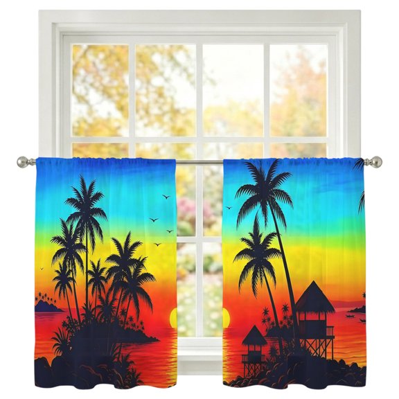 Palm Tree Silhouettes Sheer Curtains 45 Inches Long 2 Panels, Summer Red Sunset Orange Western Coastal Semi Sheer Rod Pocket Window Curtains Light Filtering Drapes for Living Room Bedroom