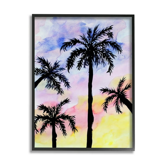 Palm Tree Silhouettes Sunset Sky Botanical & Floral Graphic Art Black Framed Art Print Wall Art