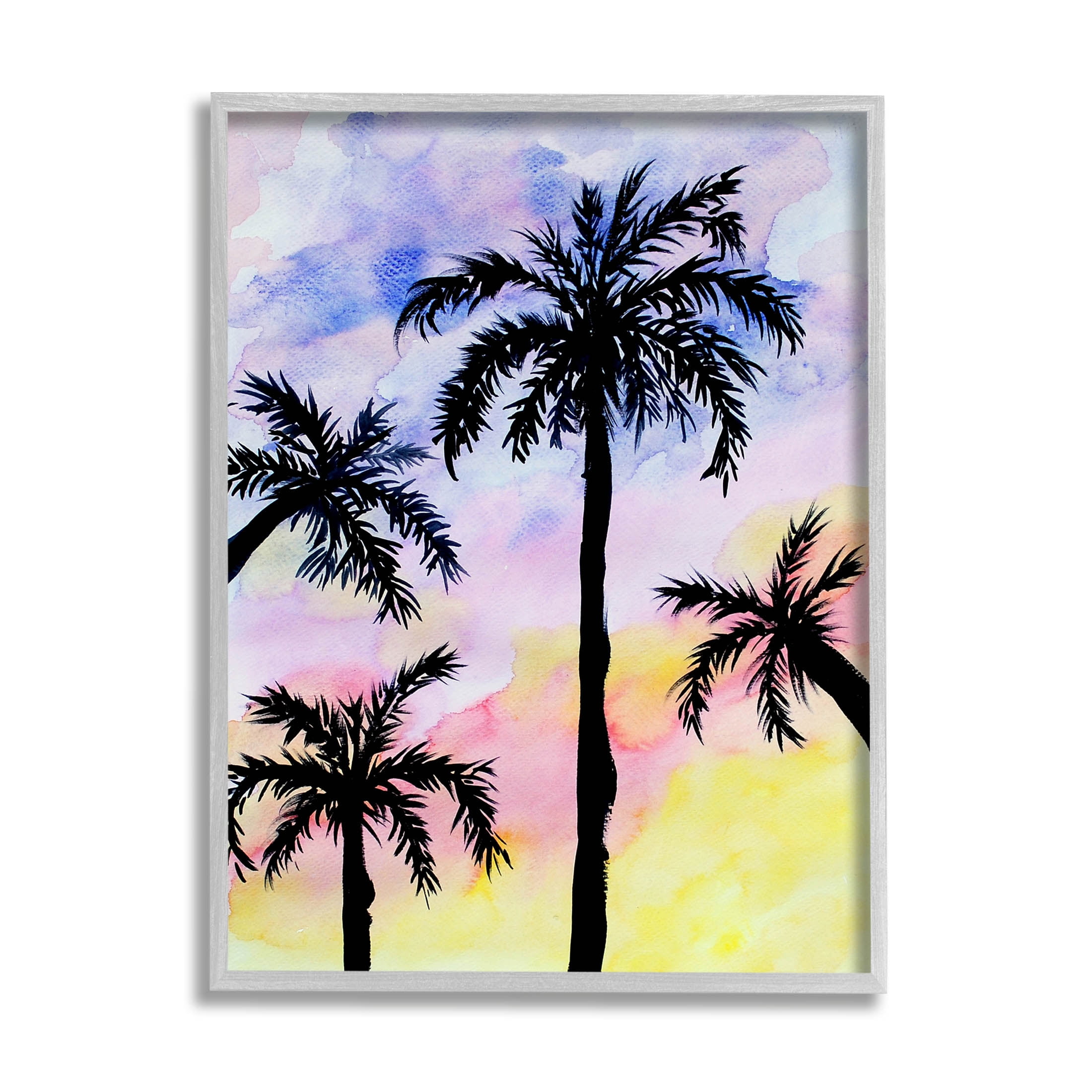 Gray Framed Palm Tree Silhouettes Sunset Sky 24" x 30" Wood Wall Art