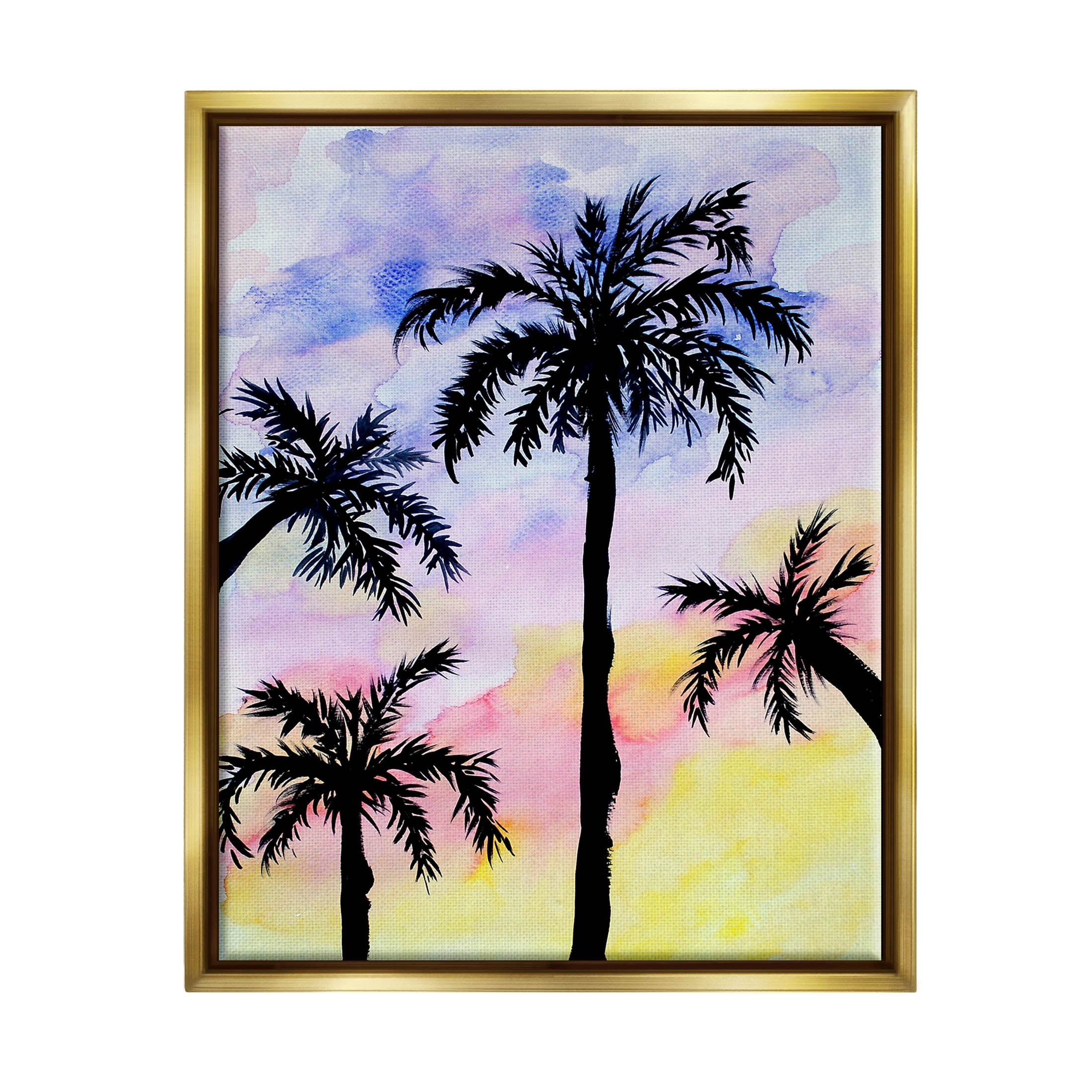 Palm Tree Silhouettes Sunset Sky Botanical & Floral Graphic Art Metallic Gold Framed Art Print Wall Art