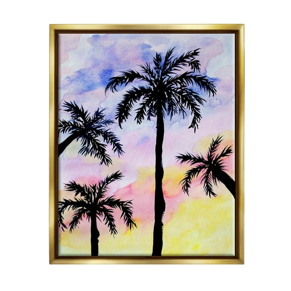 Palm Tree Silhouettes Sunset Sky Botanical & Floral Graphic Art Metallic Gold Framed Art Print Wall Art