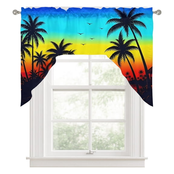 Palm Tree Silhouettes Swag Valances for Windows 56 x 36 Inch, Summer Red Sunset Orange Western Coastal Rod Pocket Light Filtering Window Topper for Kitchen Bathroom Bedroom Living Room