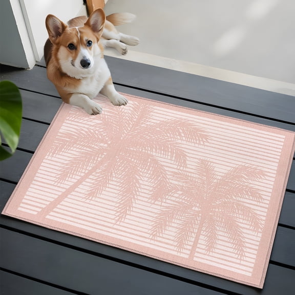 Palm Tree Silhouettes Washable Entry Rug 2x3 Pink Lines Tropical Plant Summer Low-Profile Area Rugs with Non Slip Backing Indoor Floor Carpet for Entrance Living Room Bedroom Home Office