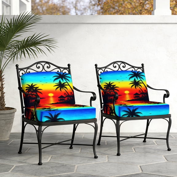 Palm Tree Silhouettes Waterproof Cushion Covers Set of 2, Summer Red Sunset Orange Western Coastal 24x24 Inch Stretch Outdoor Couch Cushion Covers Chair Sofa Seat Slipcover for Patio